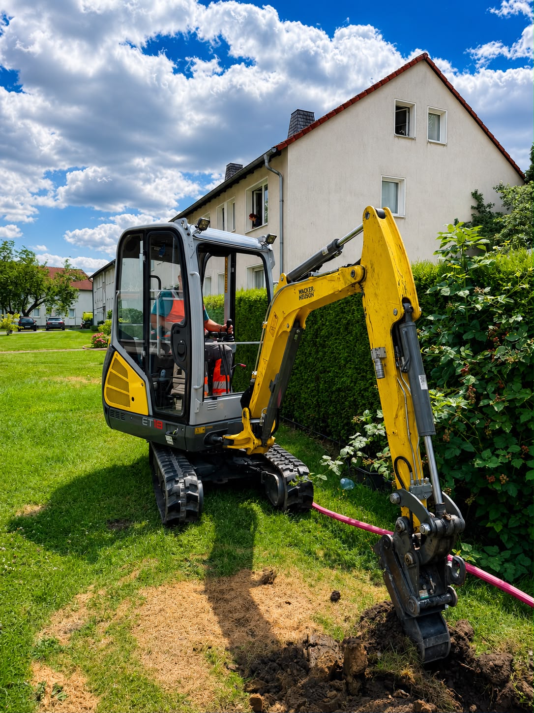 Wacker Neuson Minibagger bei der Glasfaserverlegung im Garten