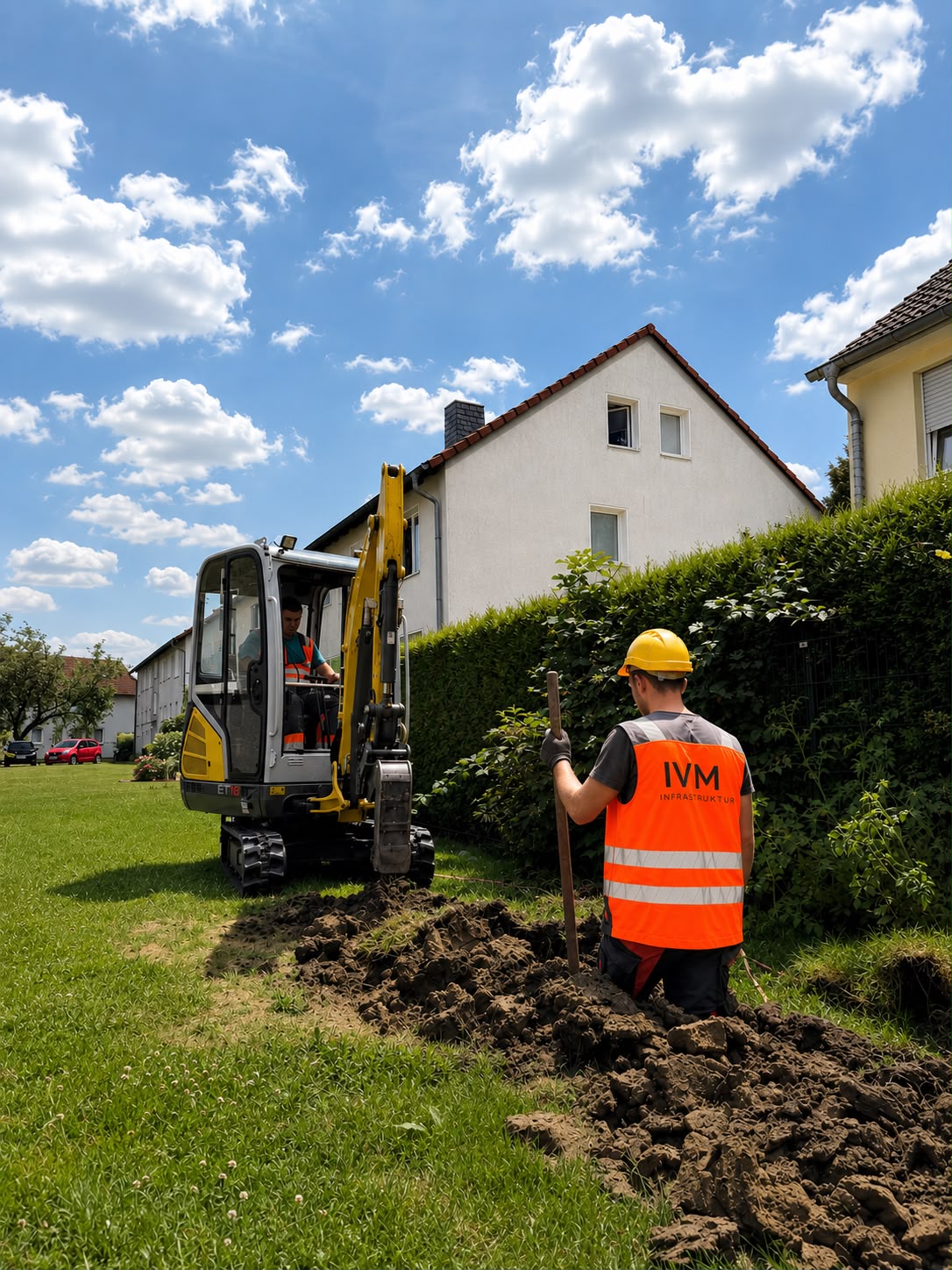 IVM Mitarbeiter beim Grabenaushub mit Minibagger