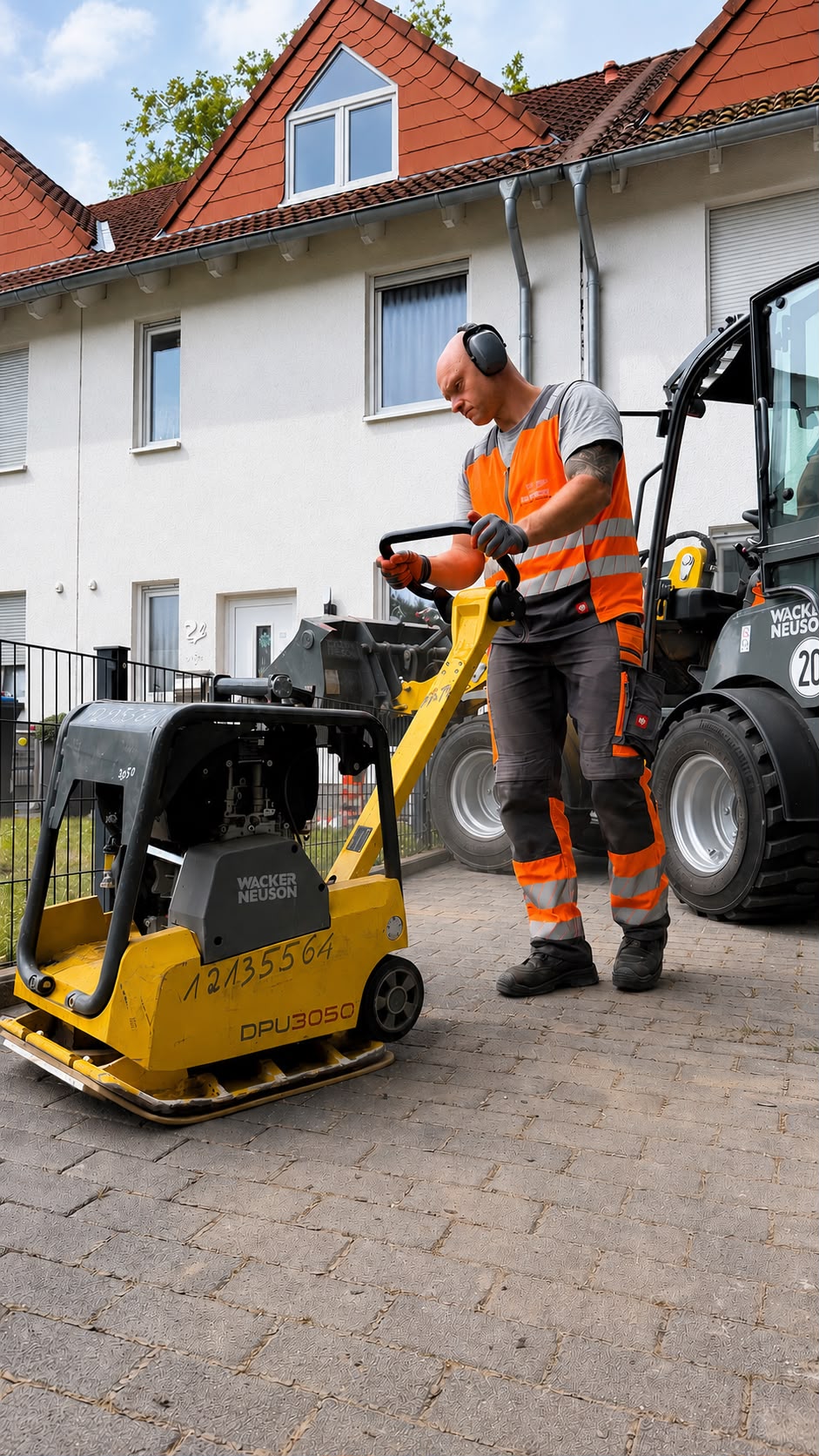Mitarbeiter verdichtet den Untergrund mit einer Rüttelplatte